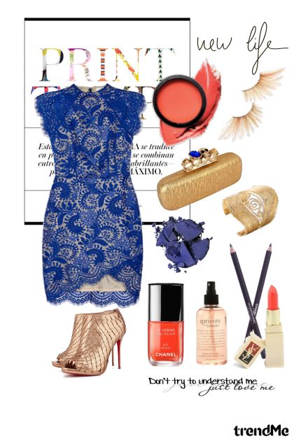 blue dress with coral- combinação de moda
