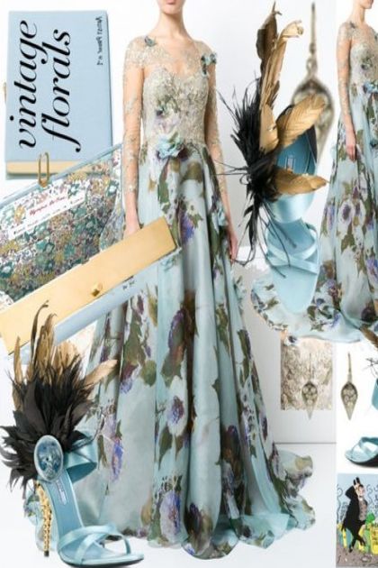 Marchesa Blue Vintage Floral Gown- Fashion set