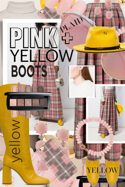 Pink Plaid and Yellow Boots Unexpected Fall Trends- Combinaciónde moda