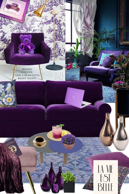 Purple living room- combinação de moda