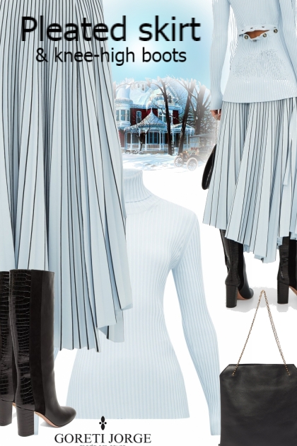  Pleated Skirt & Knee-high Boots- Modna kombinacija