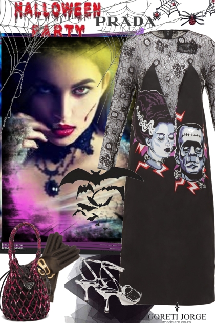 Frankenstein Print Lace Dress - casual Party- Modna kombinacija