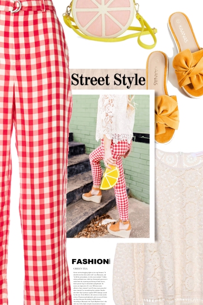 Red and White Gingham Pants- Modekombination