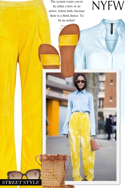 NYFW - Yellow velvet pants- Modna kombinacija