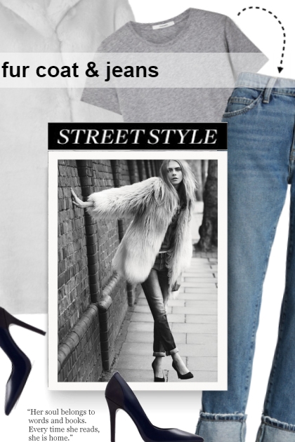 fur coat & jeans- Modna kombinacija