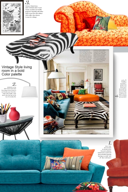 Vintage Style living room in a bold Color palette- combinação de moda