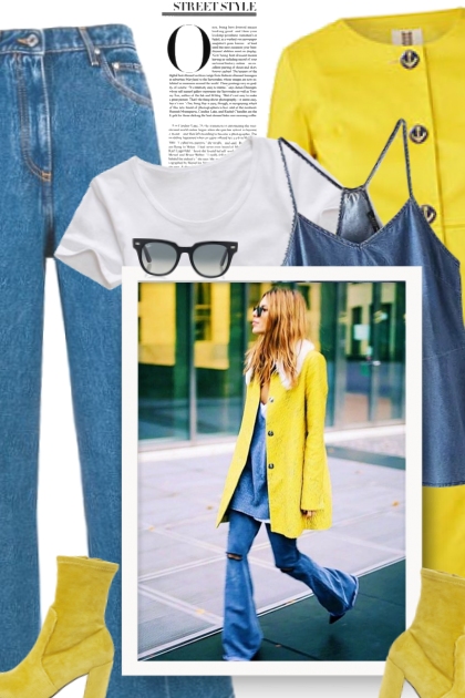 Yellow coat and denim- Modekombination