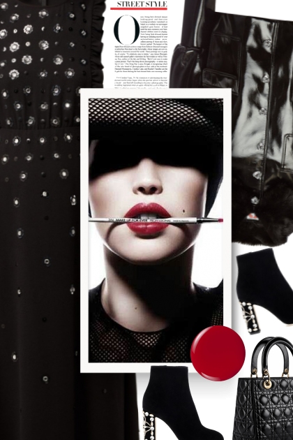 black and makeup with red lips- combinação de moda
