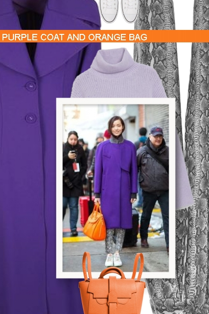 PURPLE COAT AND ORANGE BAG- Modna kombinacija