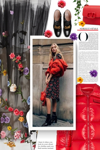 floral dress and puffer jacket- Combinazione di moda