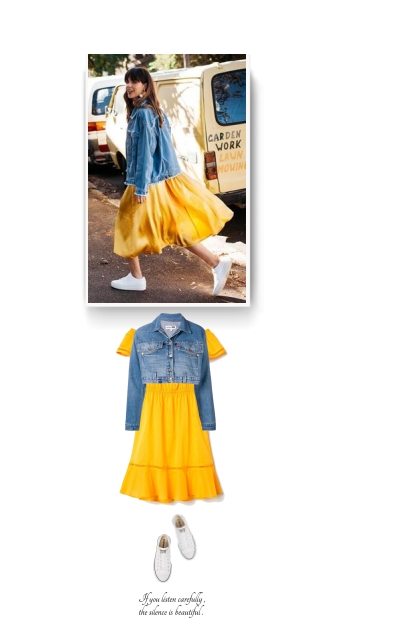 yellow dress, denim jacket and white sneakers- Modna kombinacija