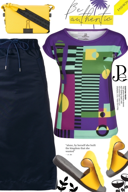 Purple/Multi Color Geometric Print Fitted T-shirt- Combinaciónde moda