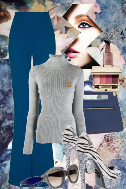 Blå bukse og grå genser- combinação de moda