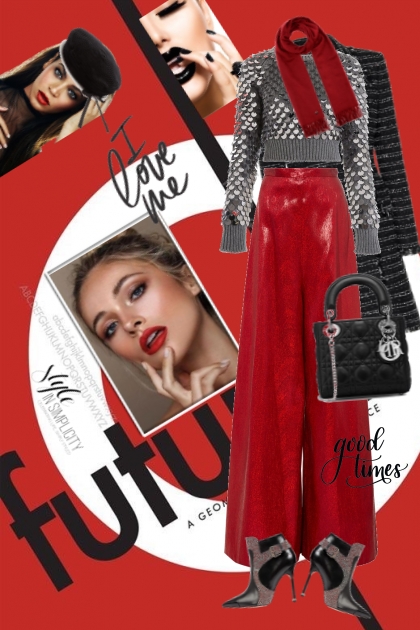 Rød vid bukse og grå topp- Модное сочетание