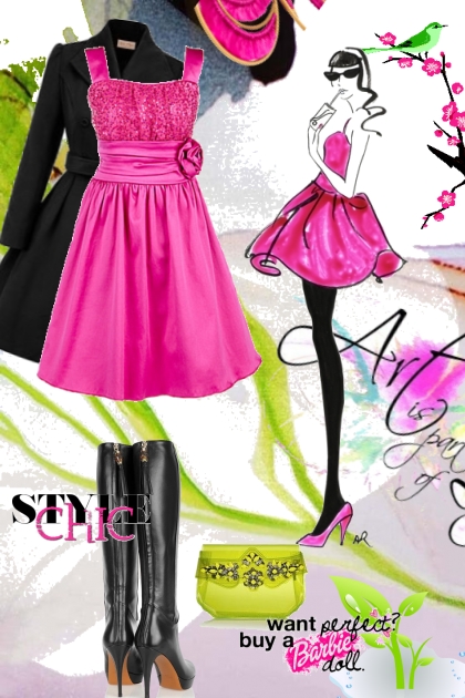 Rosa kjole og sort kåpe