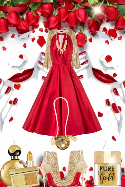 Red dress and gold- Combinazione di moda