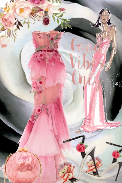 Pink dress  with roses- Modna kombinacija