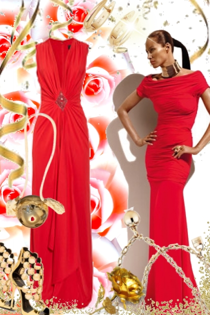 Red dress and gold 23-1- Modekombination