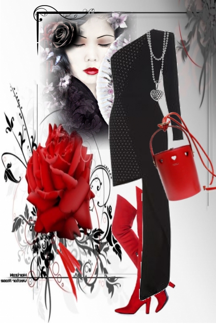 Black dress and red boots- Combinazione di moda