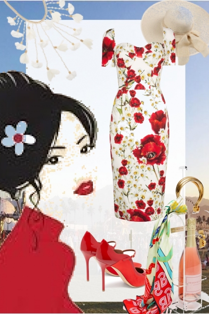 Hvit kjole med røde blomster- Модное сочетание