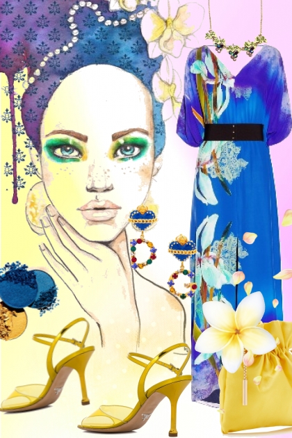 Blå kjole med blomstermønster- Combinazione di moda