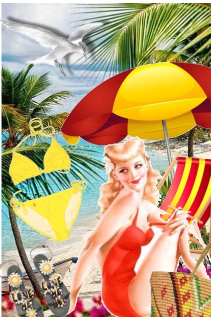 Gul bikini på stranda- Fashion set
