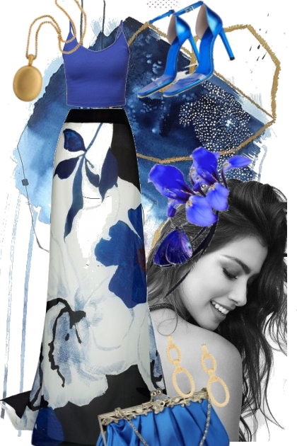 Blomstrete skjørt og blå topp- Modna kombinacija