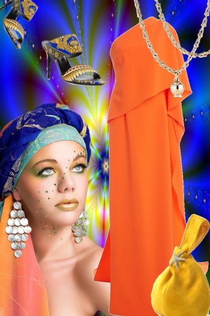 Oransje sid kjole - Modekombination