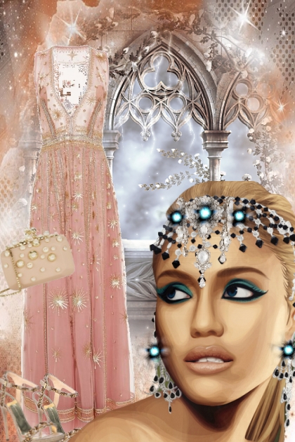 Rosa kjole med gull- Modekombination