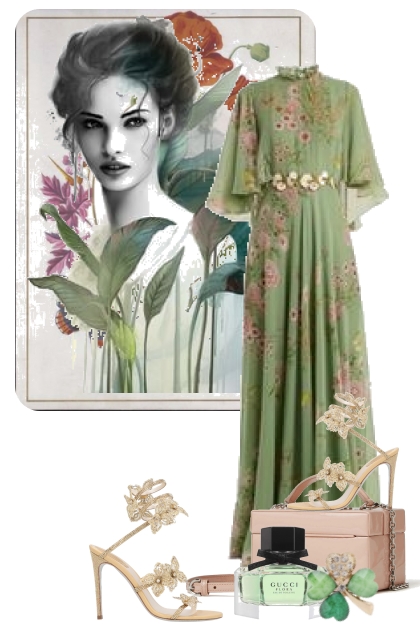 Grønn sid kjole med blomster- Fashion set