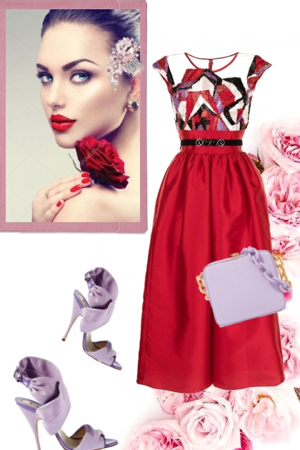 Rød kjole og lilla tilbehør- Kreacja
