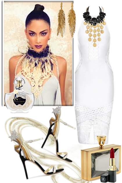 Hvit kjole med gull og sort tilbehør- Modna kombinacija