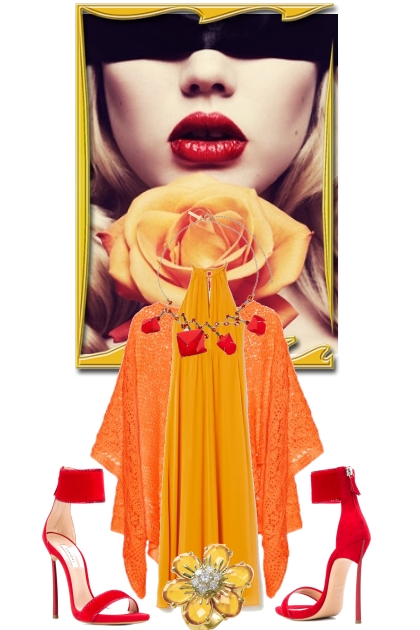 Gul kjole og oransje cape