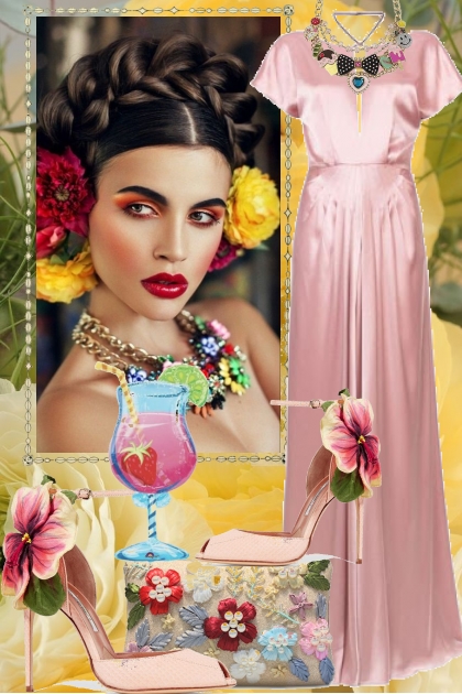 Rosa silkekjole og sko med blomster- Modna kombinacija