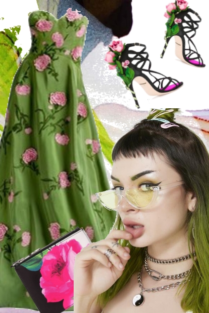 Grønn kjole med rosa blomster- Модное сочетание