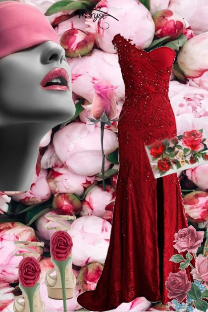 Rød sid kjole med roser på tilbehøret- Combinazione di moda