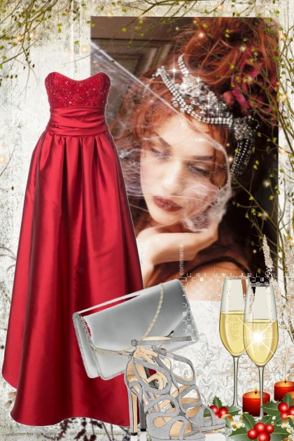 Rød sid kjole med sølv tilbehør- combinação de moda