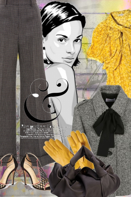 Grå bukse og jakke med gul topp- Combinazione di moda
