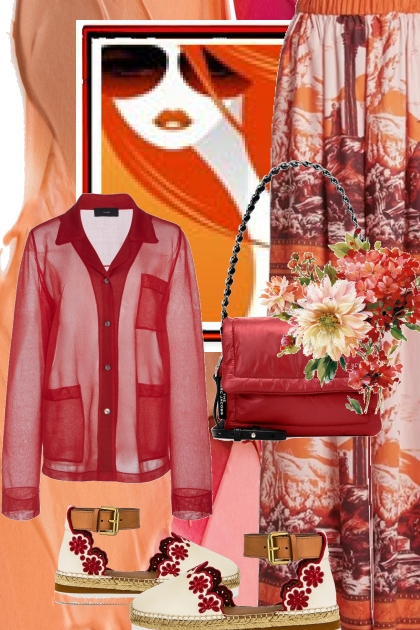 Mønstret bukse og rød bluse - Combinaciónde moda