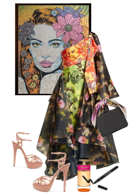 Sort kjole med blomstermotiv- combinação de moda