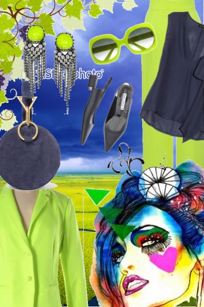 Eplegrønn dress med blått tilbehør- combinação de moda
