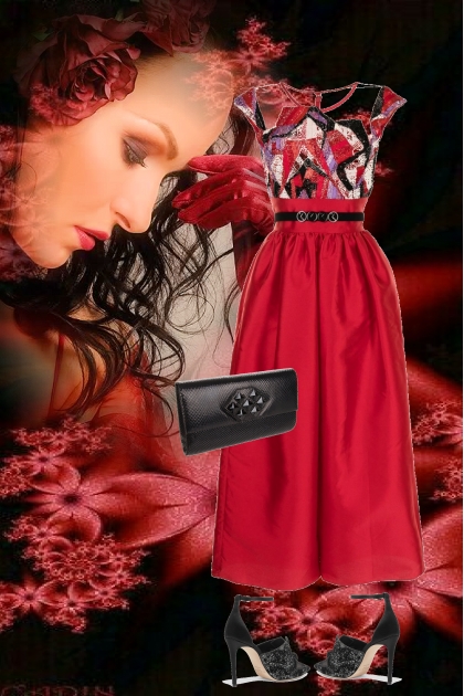 Rød kjole med mønstret overdel- combinação de moda