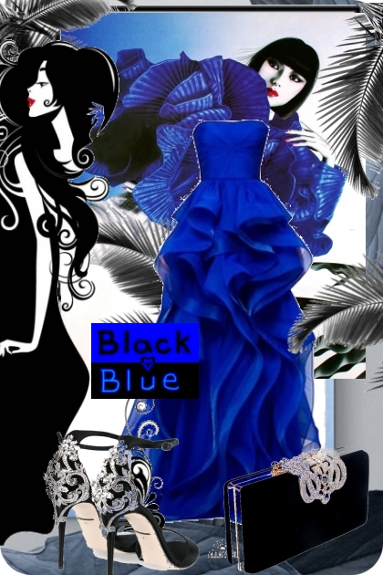 Blå festkjole med sort tilbehør- Fashion set