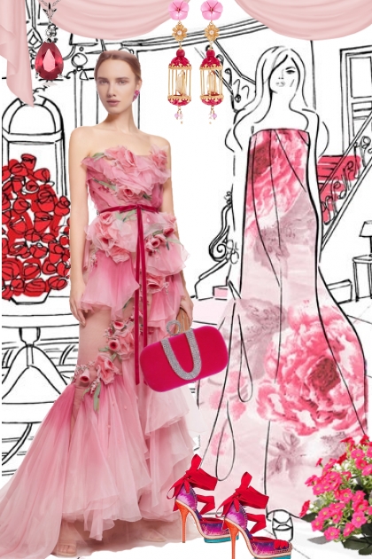 Rosa festkjole med blomster- Combinaciónde moda