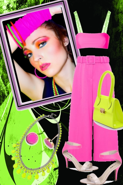 Sjokkrosa antrekk med neon veske - combinação de moda