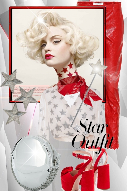 Rød skinnbukse og bluse med stjerner- Модное сочетание
