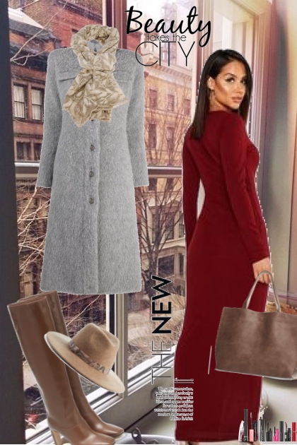 Burgunderrød kjole og grå kåpe- Fashion set