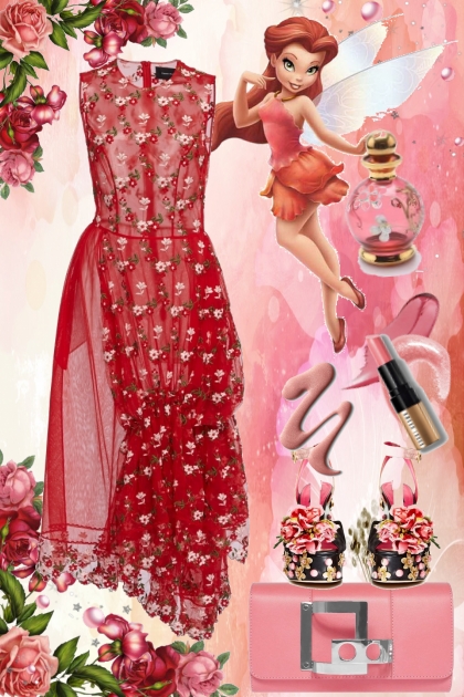 Rød kjole med rosa roser- Modna kombinacija