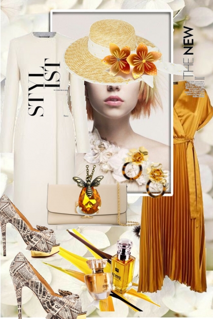 Gylden kjole med hvit kåpe- Combinaciónde moda