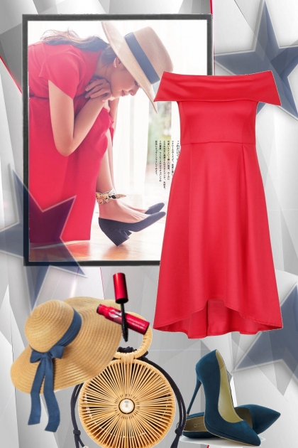 Rød kjole og stråhatt- combinação de moda